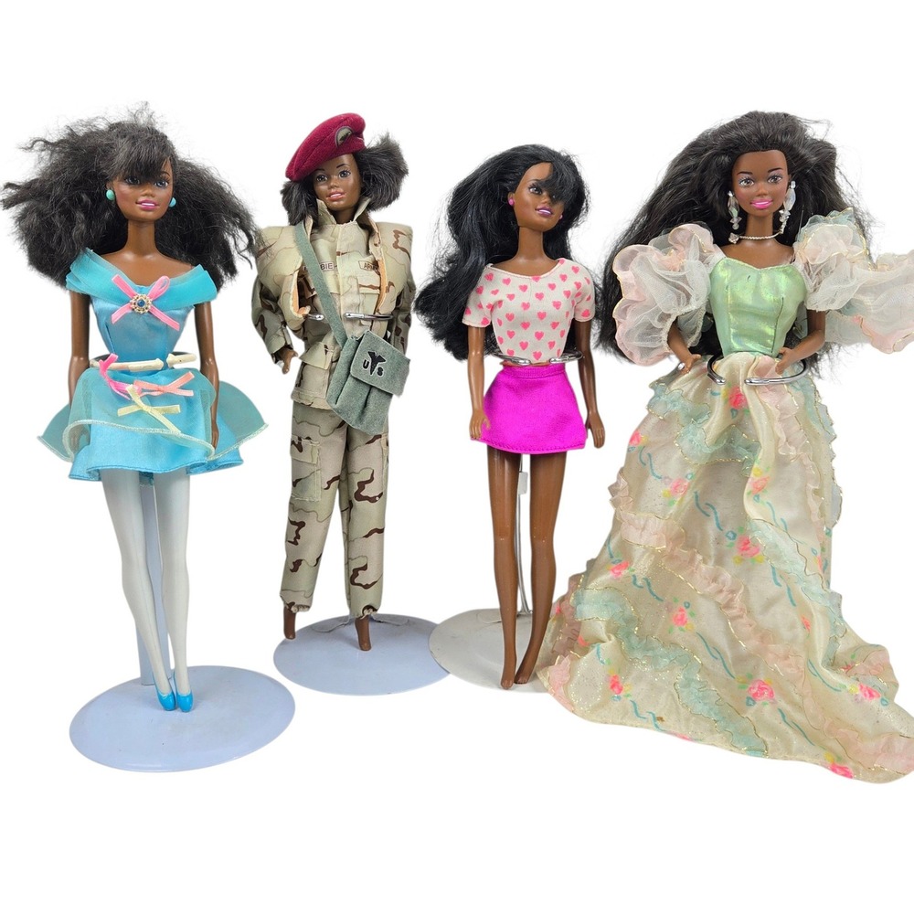 Lot of 4 Vtg 90s Mattel AA Black Barbie Dolls Original Clothes 11.5" Army Girly